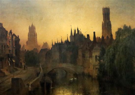 T.E.Dawson (19th C.) Bruges at night 32 x 48in.